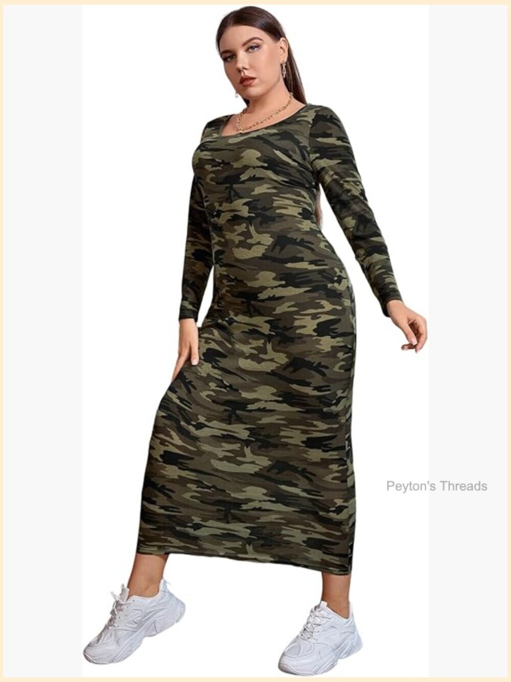 Plus Size Camo Print Long Sleeve Pencil Bodycon Midi Dress